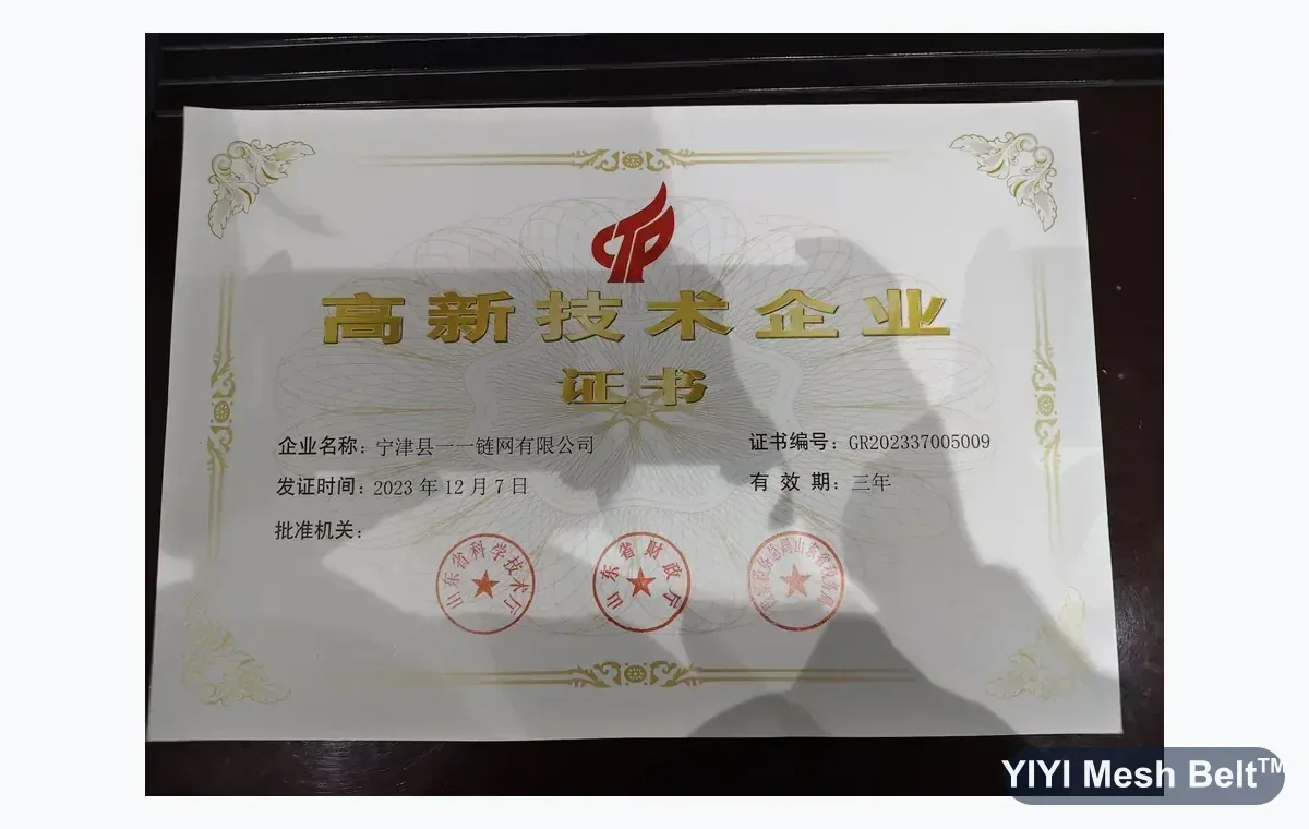 Certificato di Impresa High-Tech (riconosciuta nel 2023) di Ningjin Yiyi Mesh Belt Co., Ltd.