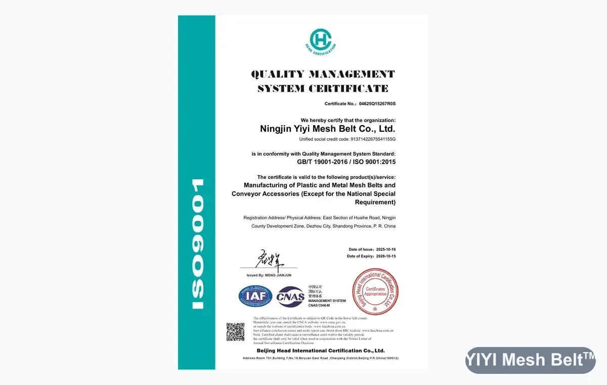 Certificato ISO 9001:2015 di Ningjin Yiyi Mesh Belt Co., Ltd.