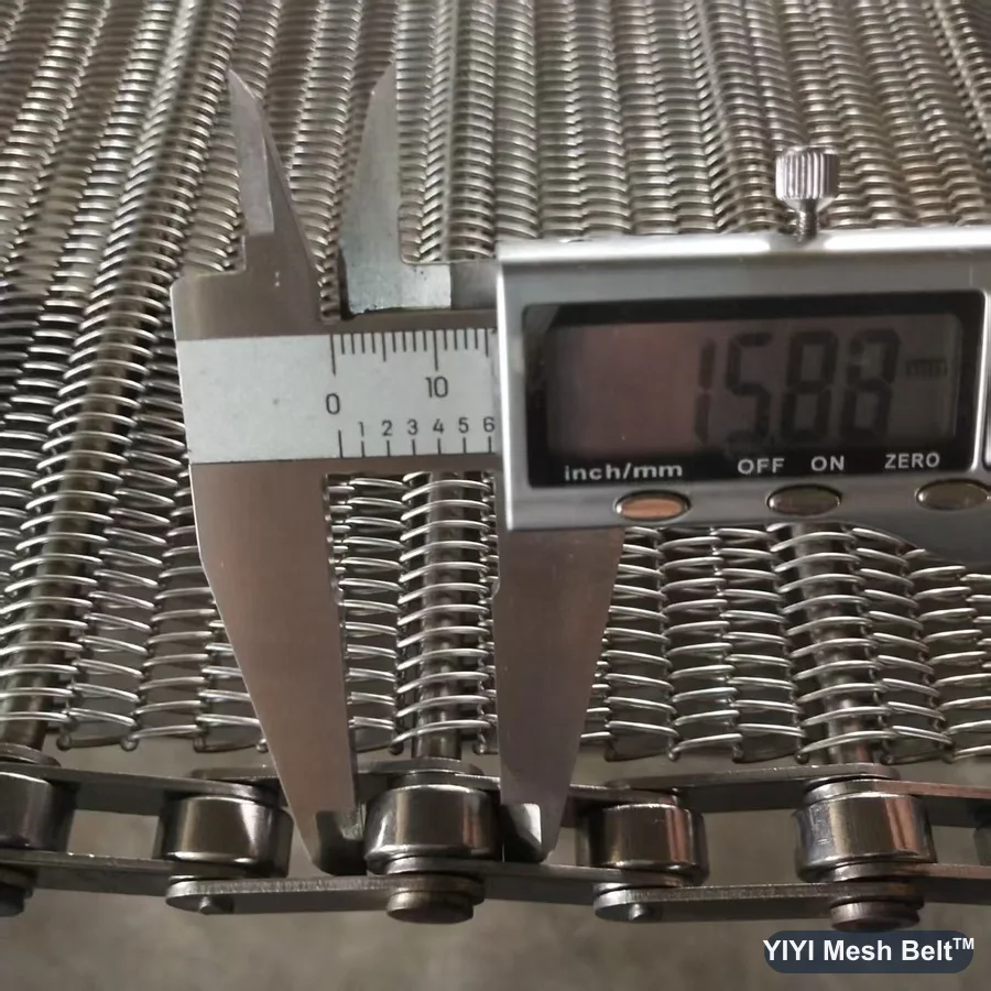 Caliper measuring a 15.88 mm chain roller on a chain driven belt