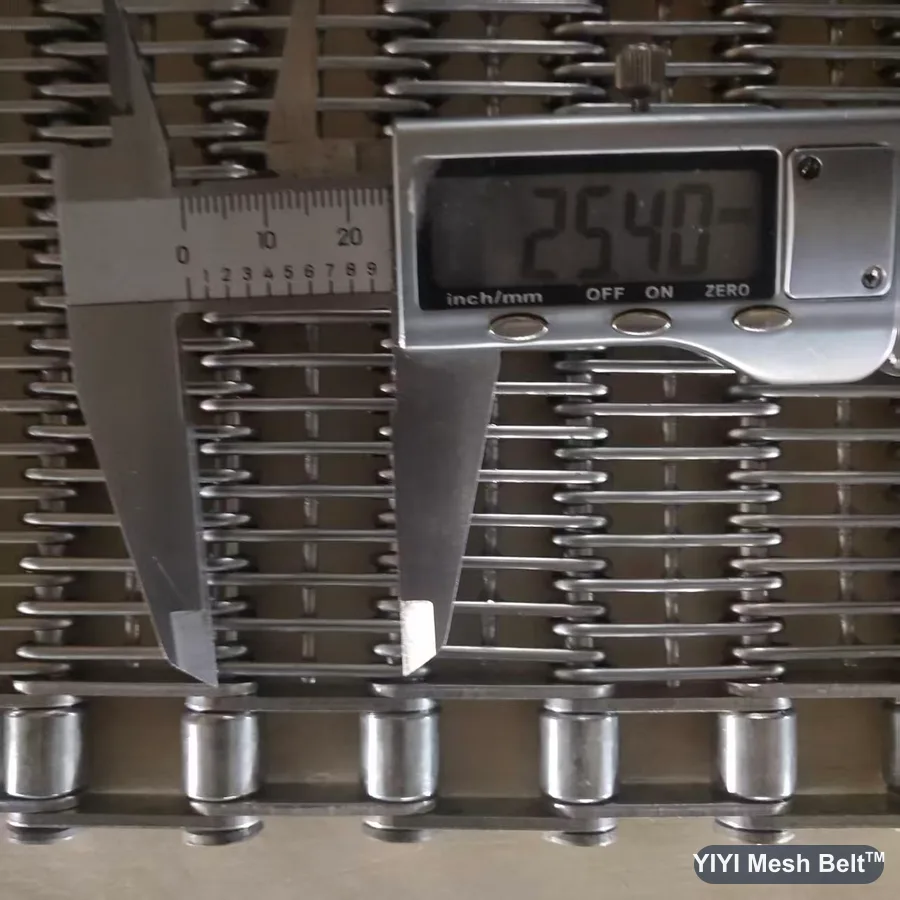 Caliper checking 25.4 mm pitch on an eye link belt