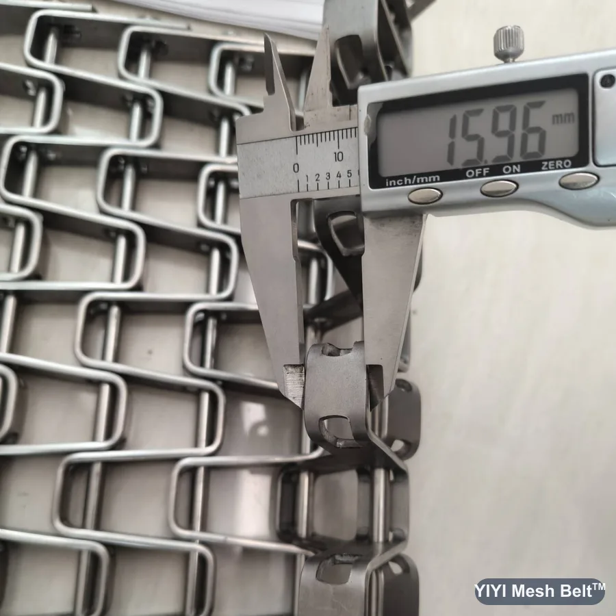 Caliper measuring a 16 mm flat strip on a flat wire belt