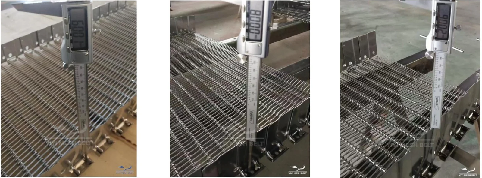 YIYI Mesh Belt self-stacking belt side-guard heights of 60, 80 and 90 mm measured with a digital caliper