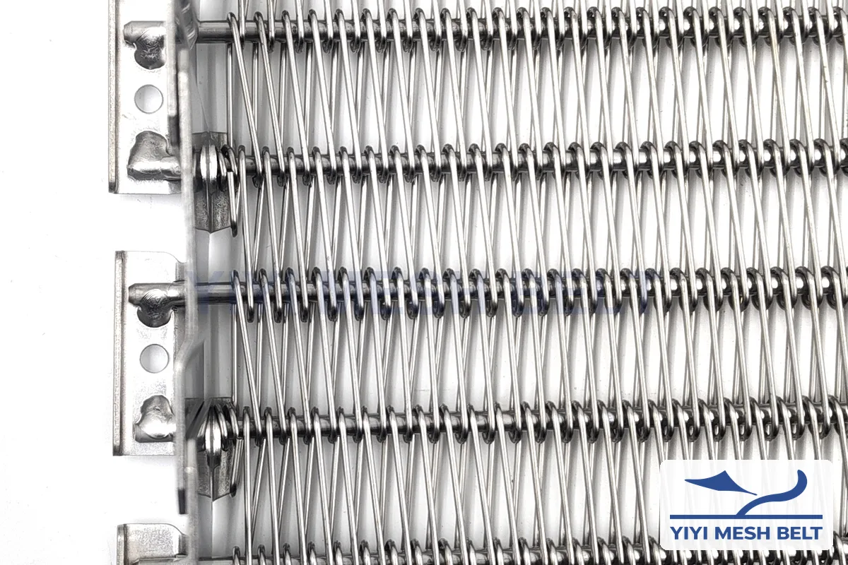 YIYI Mesh Belt self-stacking belt side links with slots and rods seen from above, checked on the trial section