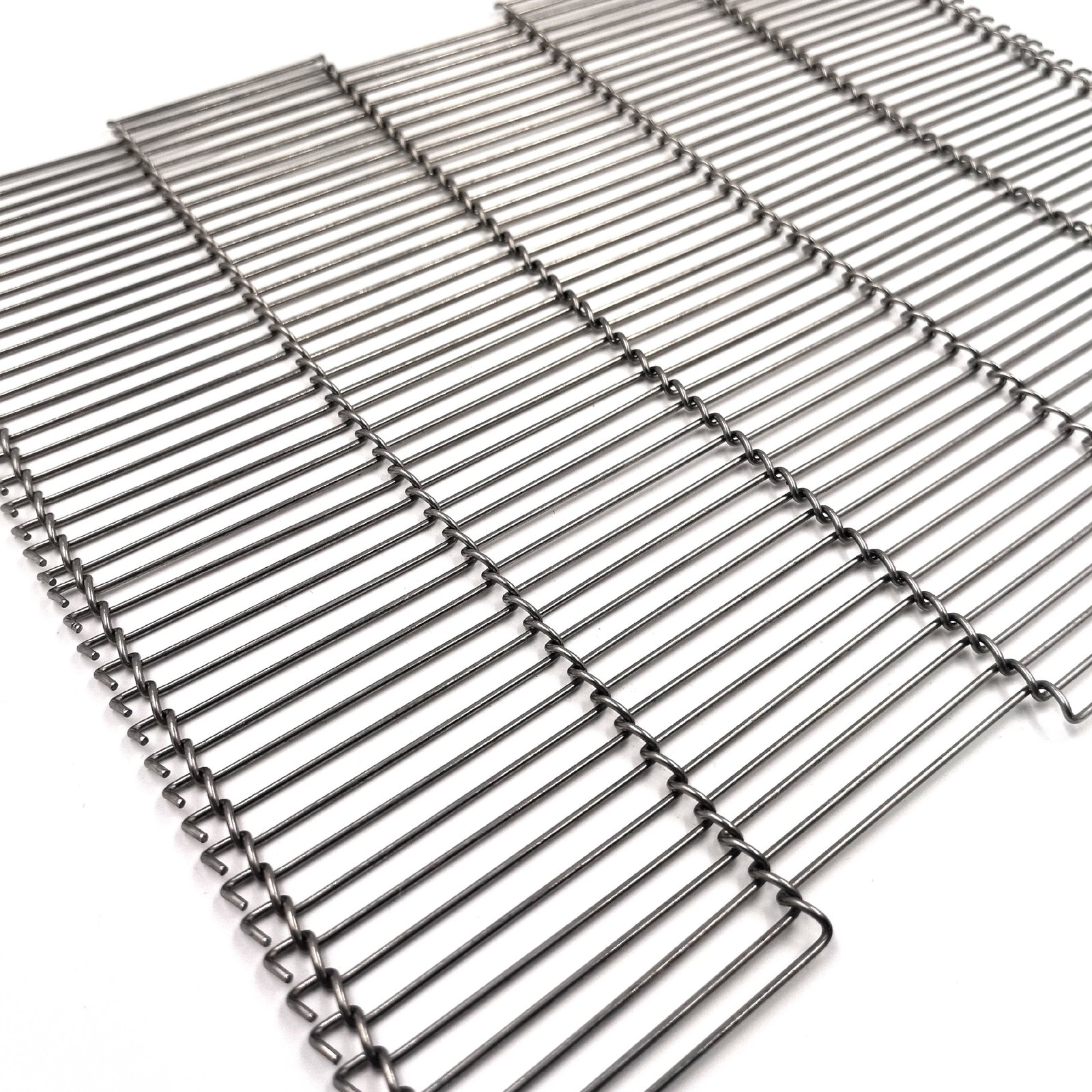 Trapezoidal mesh belt close-up with flat wire surface