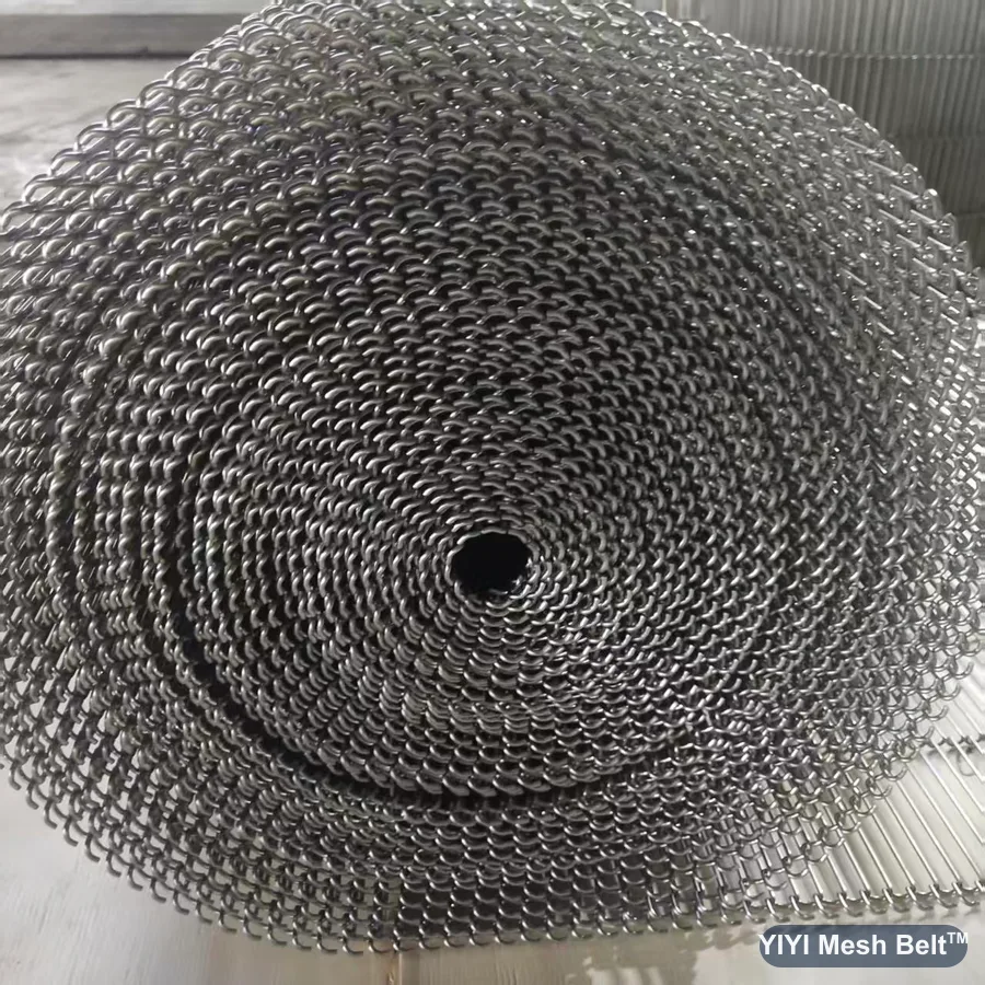 Finished trapezoidal mesh belt rolled for shipment