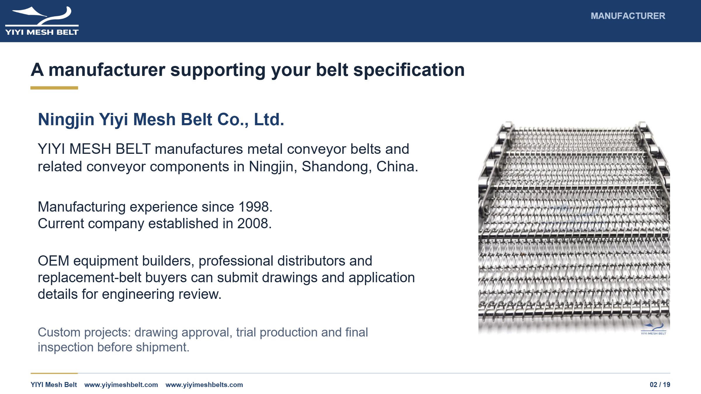 YIYI Mesh Belt Chain Driven Belt Technical Specification page 2