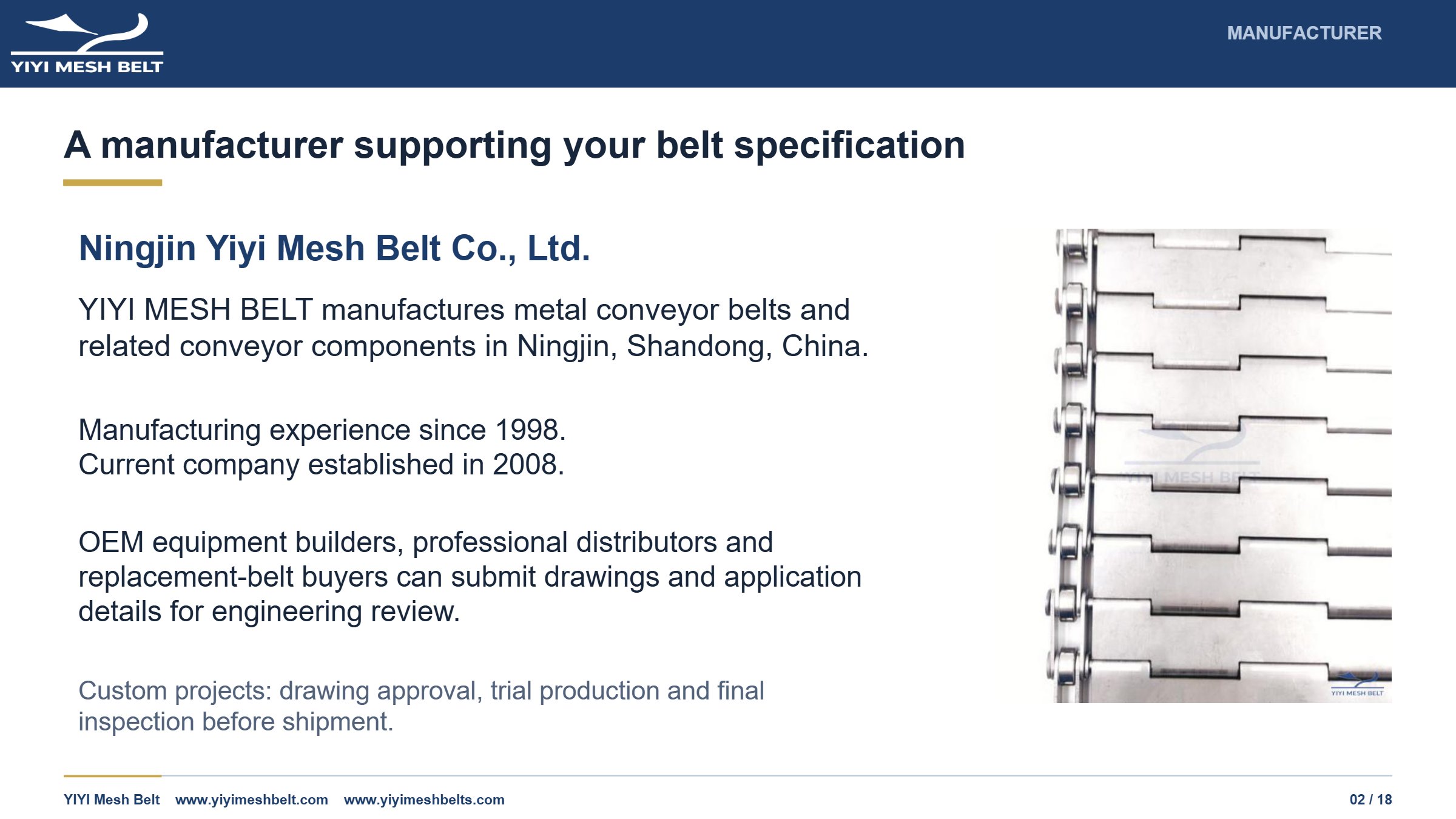YIYI Mesh Belt Chain Plate / Plate Link Belt Technical Specification page 2