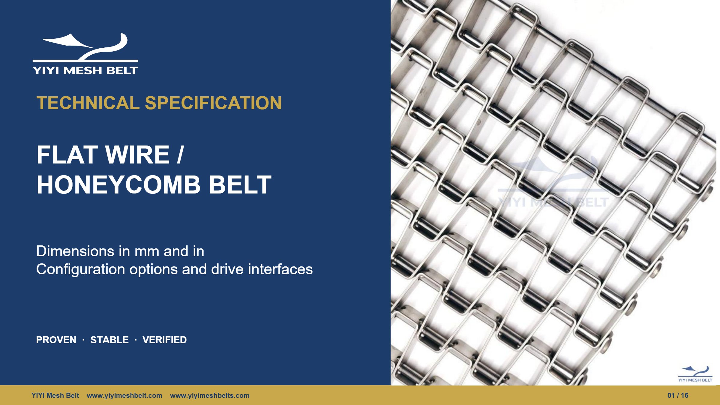 YIYI Mesh Belt Flat Wire / Honeycomb Belt Technical Specification page 1