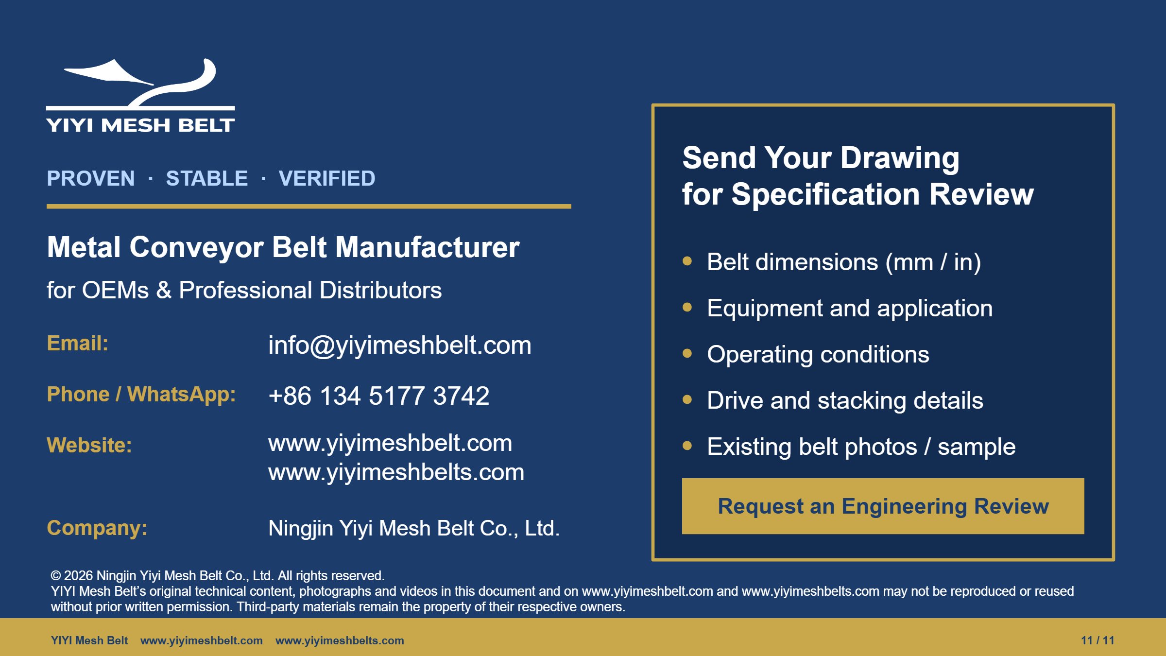 YIYI Mesh Belt Self-Stacking Belt Technical Specification page 11