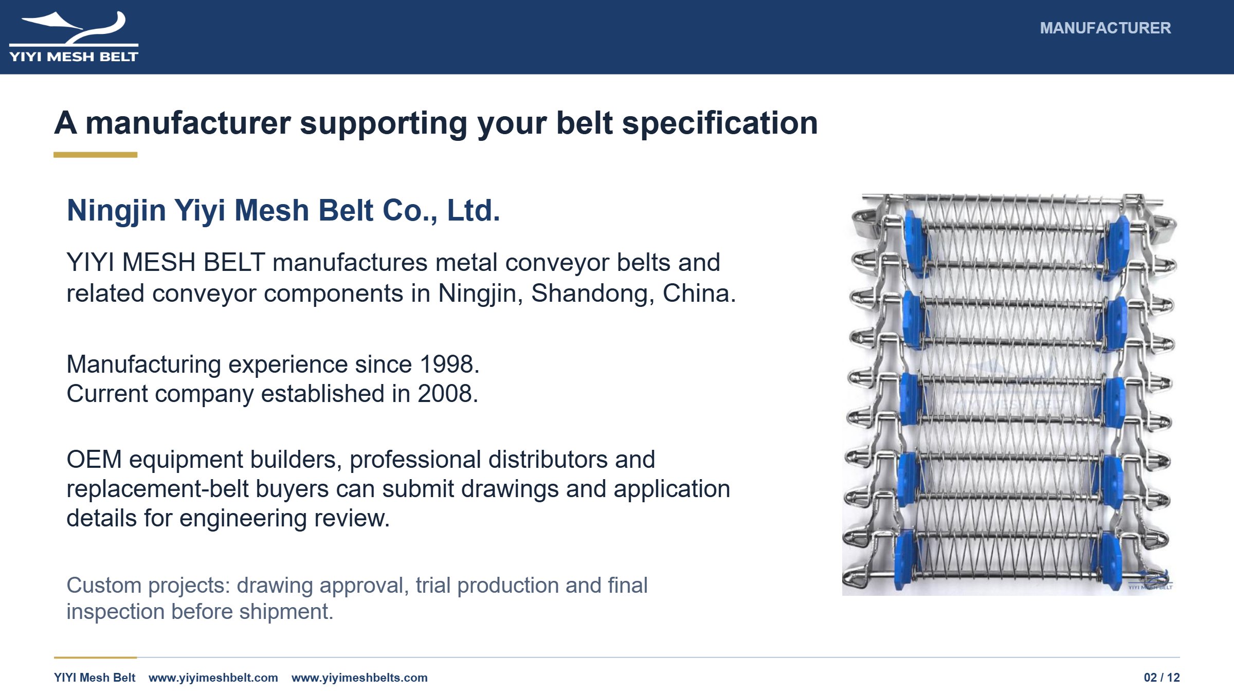 YIYI Mesh Belt Side Driven Belt Technical Specification page 2