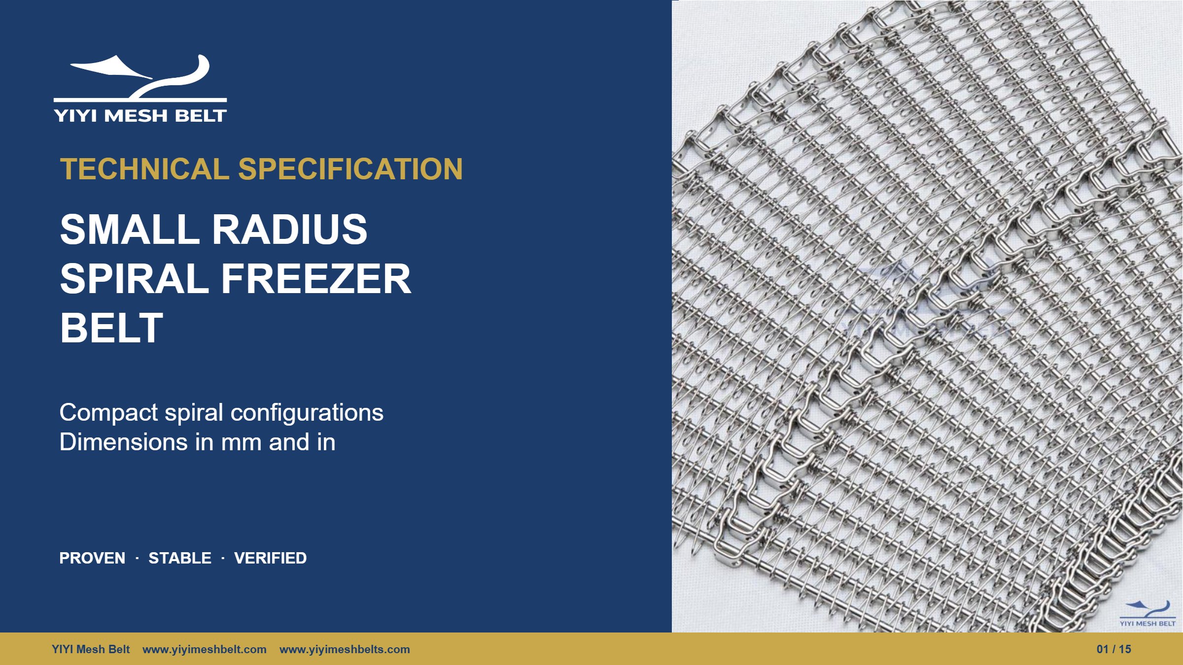 YIYI Mesh Belt Small Radius Spiral Freezer Belt Technical Specification page 1
