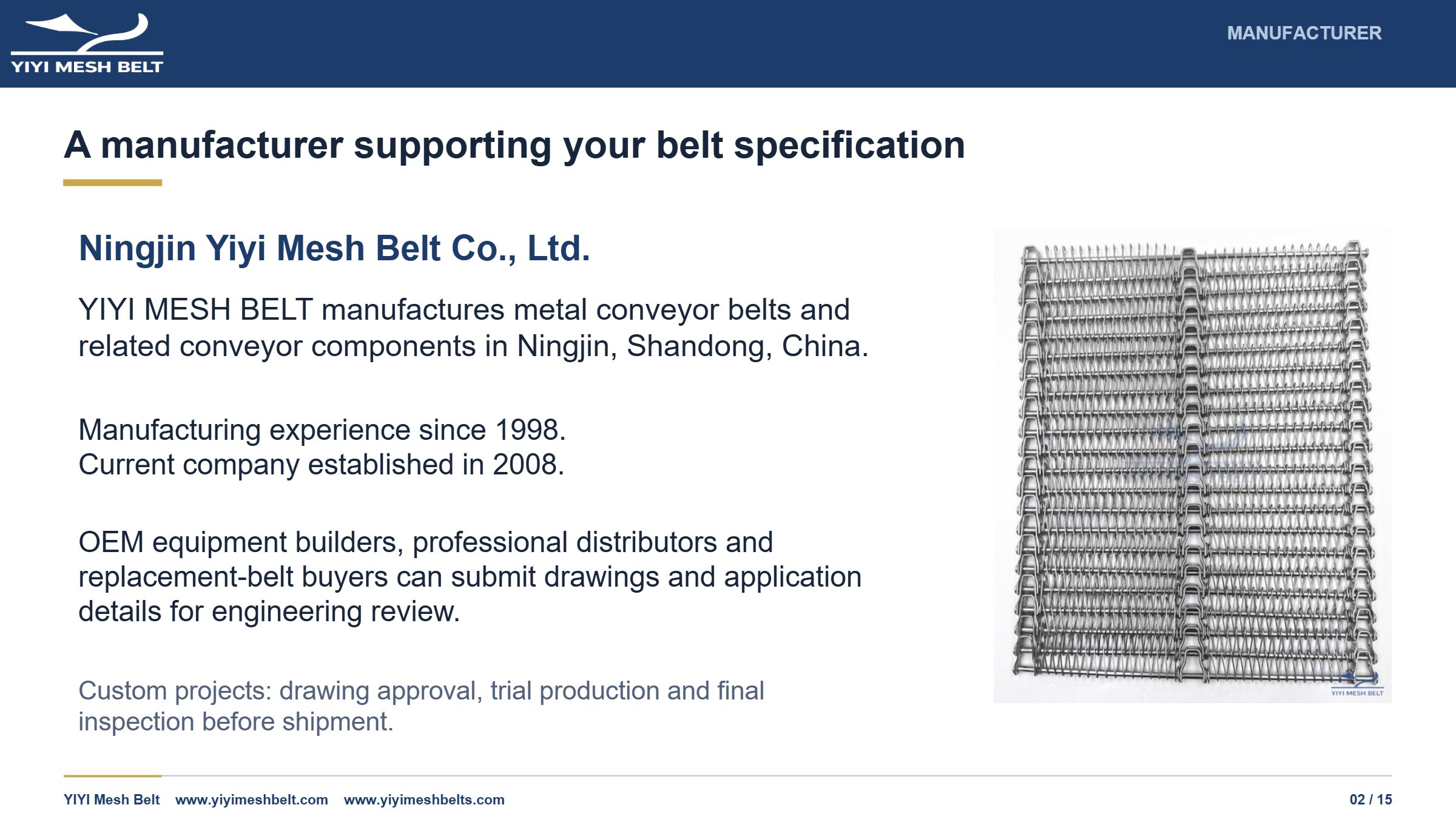 YIYI Mesh Belt Small Radius Spiral Freezer Belt Technical Specification page 2
