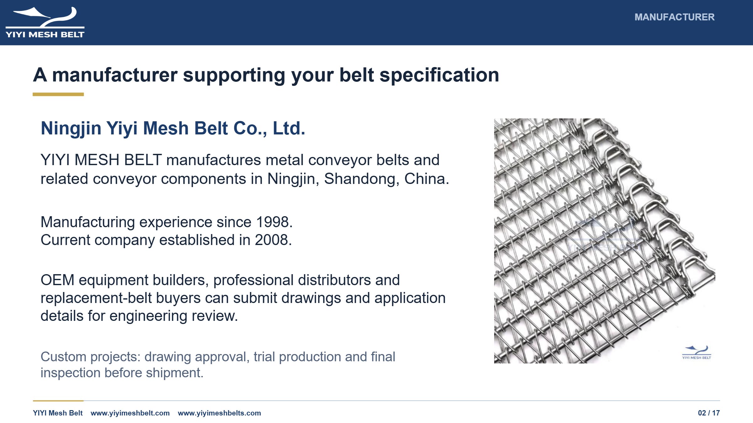 YIYI Mesh Belt Spiral Freezer Belt Technical Specification page 2